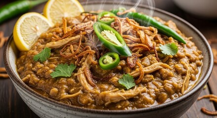 Delicious haleem dish garnished with lemon, coriander, and fried onions