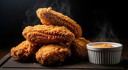 Pile of crispy fried chicken wings with dipping sauce on a dark background