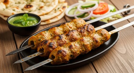 Seekh kebab skewers served with naan bread, chutney, and salad on a platter