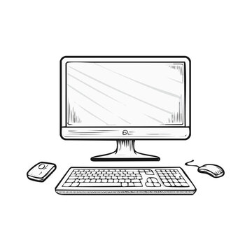 Hand drawn sketch illustration of a desktop computer workstation with monitor keyboard and mouse