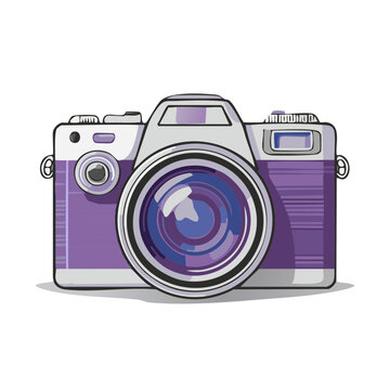 Hand drawn vector illustration of a stylish purple vintage photo camera