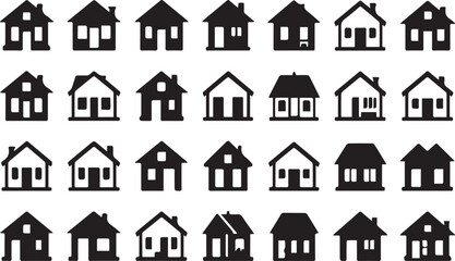 Collection of black house icons with varied architectural details on a white background home building