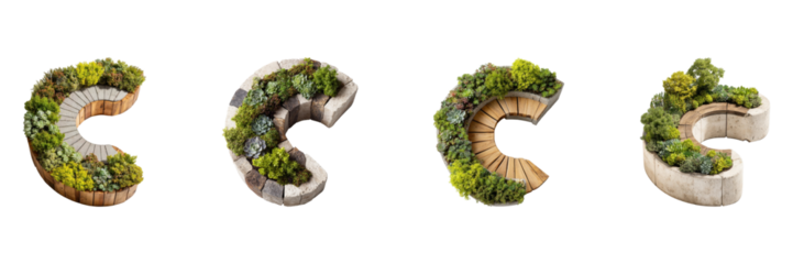 Circular Succulent Planters Set. Modern Garden Design And Landscaping Collection Isolated On Transparent Background