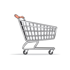 A hand drawn illustration of a classic metal shopping cart with an orange handle and wheels on a white background