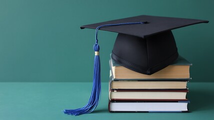 Graduation cap resting on a stack of books against a teal background