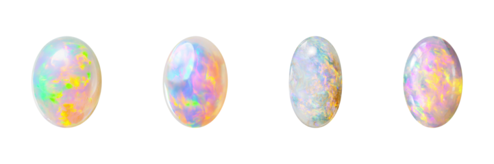 Opal Gemstones Set. Iridescent Beauty And Jewelry Design Collection Isolated On Transparent Background