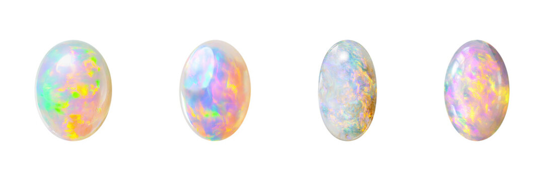 Opal Gemstones Set. Iridescent Beauty And Jewelry Design Collection Isolated On Transparent Background