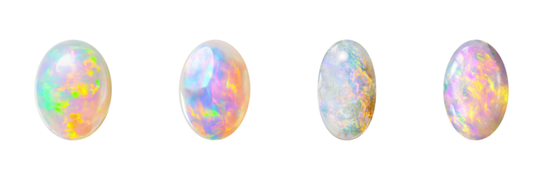 Opal Gemstones Set. Iridescent Beauty And Jewelry Design Collection Isolated On Transparent Background
