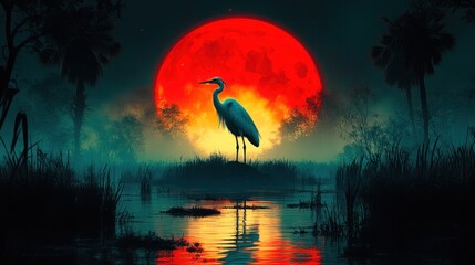 Heron by Blood Moon over Swamp