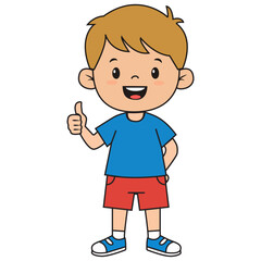  Cute boy in shorts, t-shirt and sneakers smiling and giving thumb up