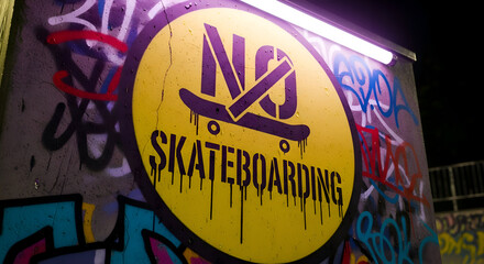 Prohibition Sign: No Skateboarding Allowed on Graffiti-Covered Concrete Surface
