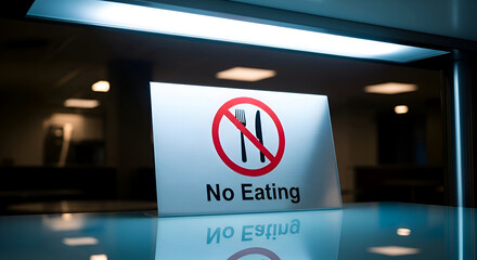 Prohibition Sign Of Eating In A Specific Area Reflected With Overhead Lights And Shadows