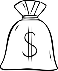 Sketch style money bag with dollar sign in simple black and white line art. Finance icon drawn as a doodle, minimalist illustration for wealth, cash, and business themes