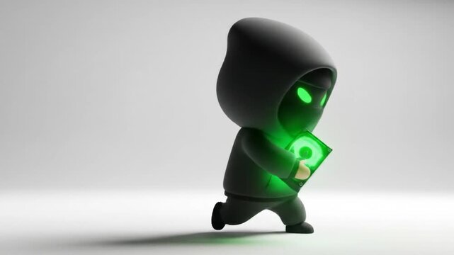 Playful cartoon character in a green hooded outfit holding a glowing object, set against a minimalist background