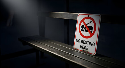 Prohibition Sign on Bench Demonstrating Public Rules and Restricted Sleeping Location Policy
