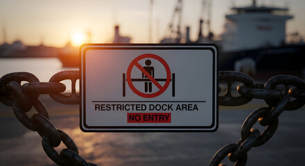 Prohibition Sign on Chain at Dock Preventing Entry with Vibrant Sunrise Background