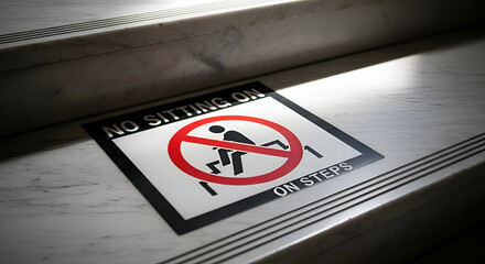 Prohibition Sign on Marble Steps Denoting Forbidden Activity Area for Safety Regulations