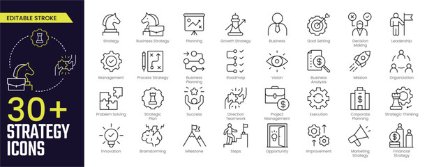 Strategy Stroke icon collections. Containing Business Strategy, Growth Strategy, Planning, Goal, Roadmap, Vision, Strategic Plan, and Marketing Strategy icons. Editable Stroke icon collection Outline 