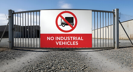Prohibition Sign On Iron Gate Denoting No Industrial Vehicle Access With Clear Sky