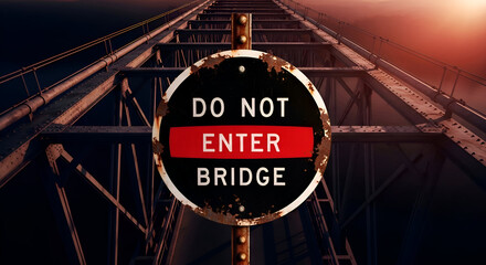 Prohibition Sign On Metal Bridge With Dramatic Sky Background, Focus On Instructions