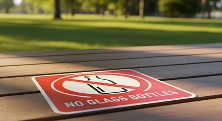 Prohibition Sign on Wooden Surface with Blurred Park Landscape and Sunlight