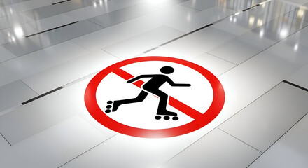 Prohibition Sign Picturing Rollerblading Forbidden on a Smooth Metallic Surface