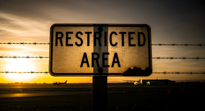 Restricted Area Sign Shows Barbed Wire At Golden Hour Silhouette of A Plane