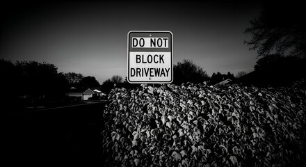 Prohibition Sign Standing Over A Lush And Vividly Textured Hedge In Neighborhood