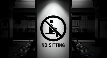 Prohibition Signage: An Urban Scene Depicting Restrictions On Seating In Black And White