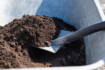 Shovel with Rich Compost Soil in a Wheelbarrow for Gardening
