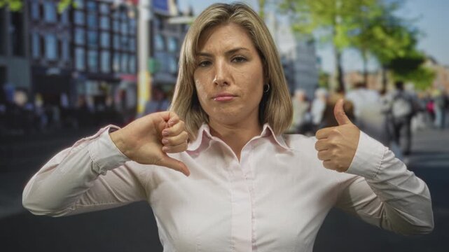 Young blonde woman displaying a thumbs up and a thumbs down gesture while standing on a busy city street; indecision.