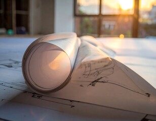 Rolled blueprints in sunlight