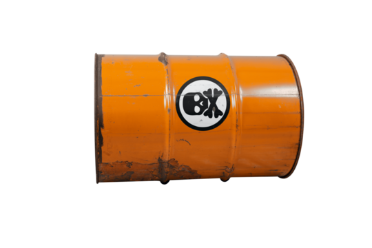 Barrel with toxic waste. Biohazard warning sign human skull with two crossed bones behind it. The symbol indicates that hazardous products death or poisoning. Dangerous barrel isolated background