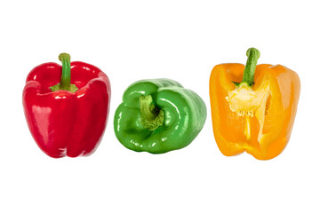 Red, gren and half of yellow bell peppers isolated on transparent background. Fresh vegetable with green stem, perfect for healthy food, cooking, and vegetarian design concepts.