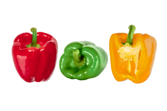 Red, gren and half of yellow bell peppers isolated on transparent background. Fresh vegetable with green stem, perfect for healthy food, cooking, and vegetarian design concepts.
