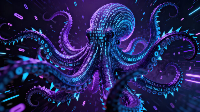 An octopus with vibrant colors made of binary code glides through a digital ocean illuminated by bright neon lights and floating data streams - Powered by Adobe
