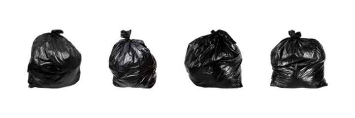 Black Garbage Bags Set. Waste Management And Environmental Awareness Collection Isolated On Transparent Background