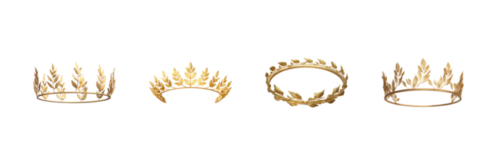 Golden Laurel Wreath Crowns Set. Symbol Of Victory And Honor Collection Isolated On Transparent Background