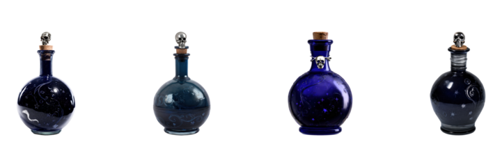 Decorative Potion Bottles With Skull Stoppers Set. Mystical And Gothic Home Decor Collection Isolated On Transparent Background