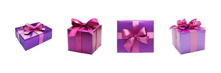 Obraz premium Purple Gift Boxes With Pink Ribbons Set. Festive Celebration And Gift-Giving Collection Isolated On Transparent Background