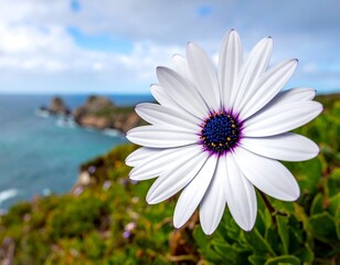 Close-up of white flower by ocean
