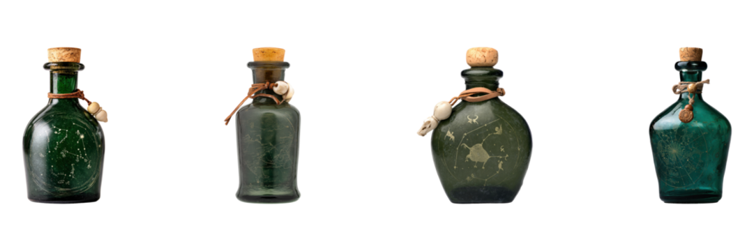 Vintage Glass Bottles With Cork Stoppers Set. Nautical And Decorative Collection Isolated On Transparent Background - Powered by Adobe