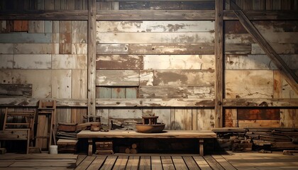 Rustic workshop interior with weathered wood walls and furniture