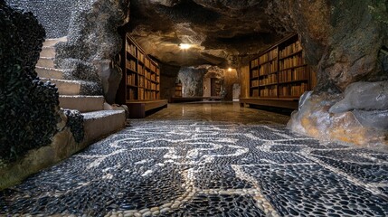 An underground library carved into the walls of an underground cave accessed by a stone staircase, the floor covered in a black and white pebble mosaic with intricate patterns.