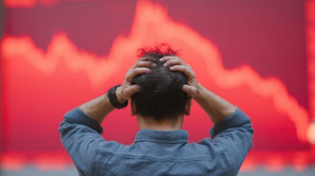 Man In Distress Observing Stock Market Crash On Red Graph. Financial Crisis And Economic Downturn