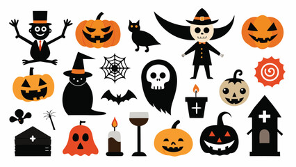 Collection of spooky and cute halloween characters and symbols for holiday decorations
