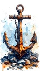 Rusty anchor art resting on stones, against watercolor background