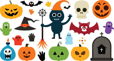 Collection of cartoon halloween characters and symbols including pumpkins ghosts bats skulls and a witch hat