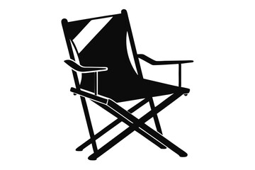 Solid black silhouette details a folding director's chair with simplistic angles against white