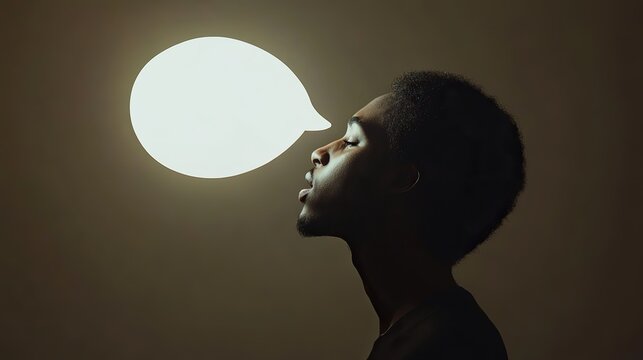 blank Speech bubble floating near a personâ€™s head, voice and expression concept